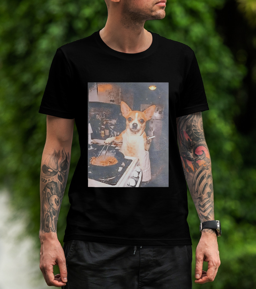 Chihuahua In Apron Cooking While Smoking In Vintage Kitchen Scene T-Shirt