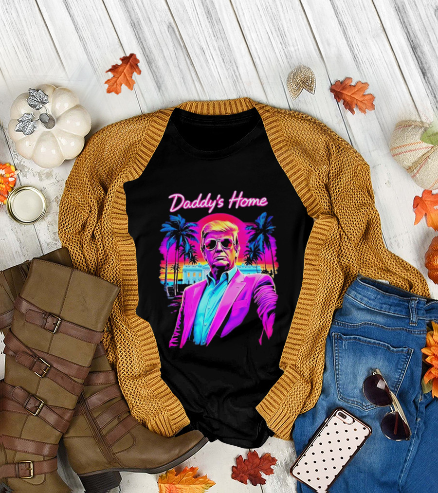 Daddy's Home Donald Trump Synthwave Sunset Beach Scene T-Shirt
