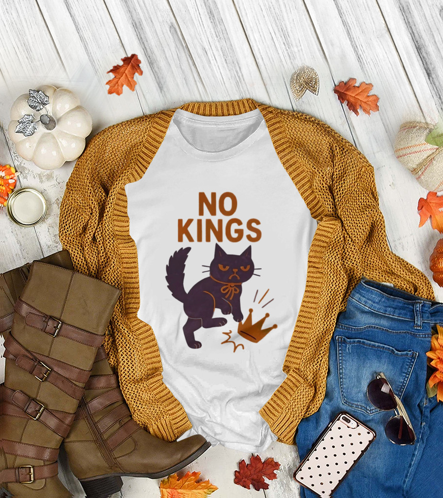 No Kings Black Cat Kicking Crown T-Shirt