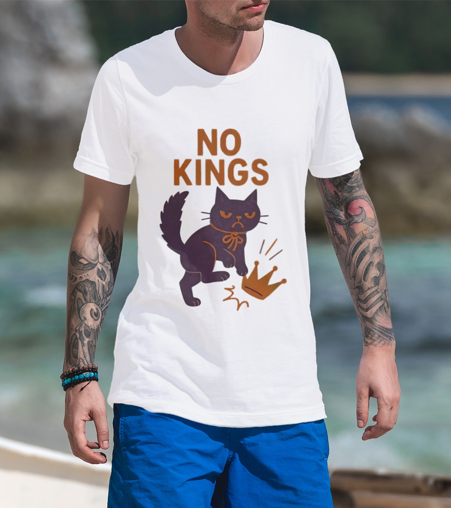 No Kings Black Cat Kicking Crown T-Shirt