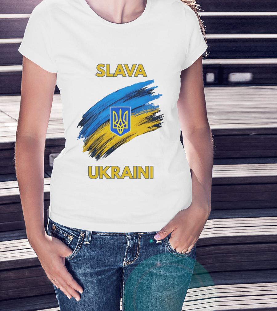 Slava Ukraini Emblem With Blue And Yellow Brush Strokes T-Shirt