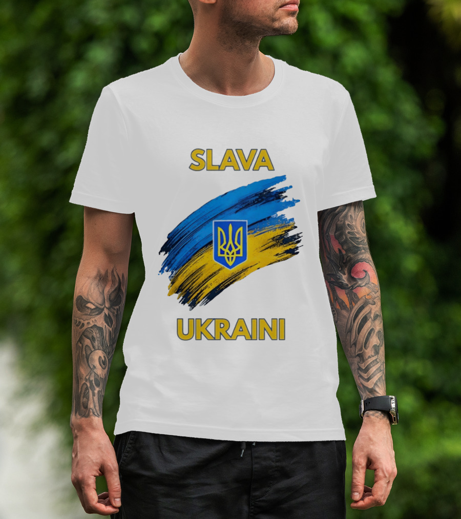 Slava Ukraini Emblem With Blue And Yellow Brush Strokes T-Shirt