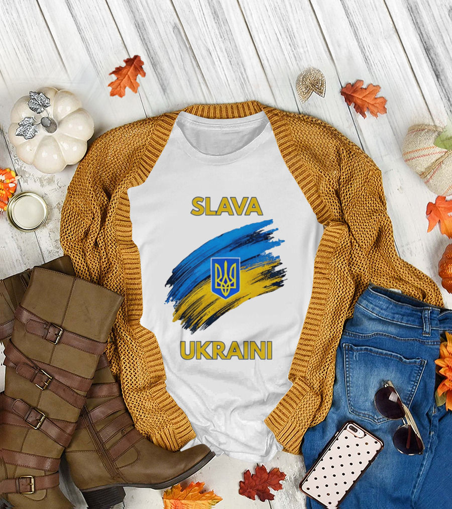 Slava Ukraini Emblem with Blue and Yellow Brush Strokes T-Shirt