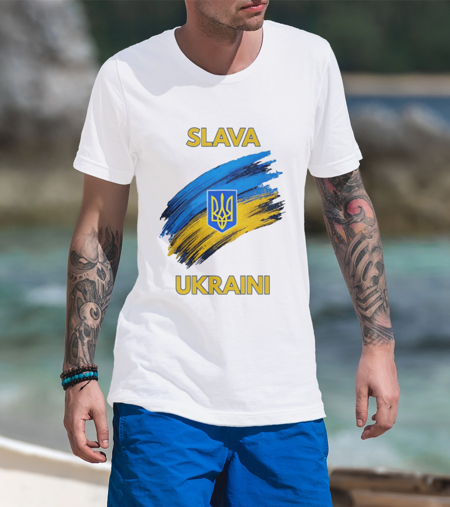 Slava Ukraini Emblem With Blue And Yellow Brush Strokes T-Shirt