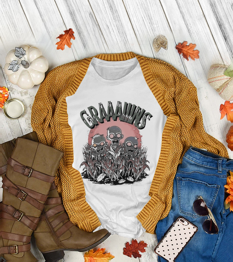 Zombie Graaains Creepy Undead Rising In Cornfield Night Scene T-Shirt