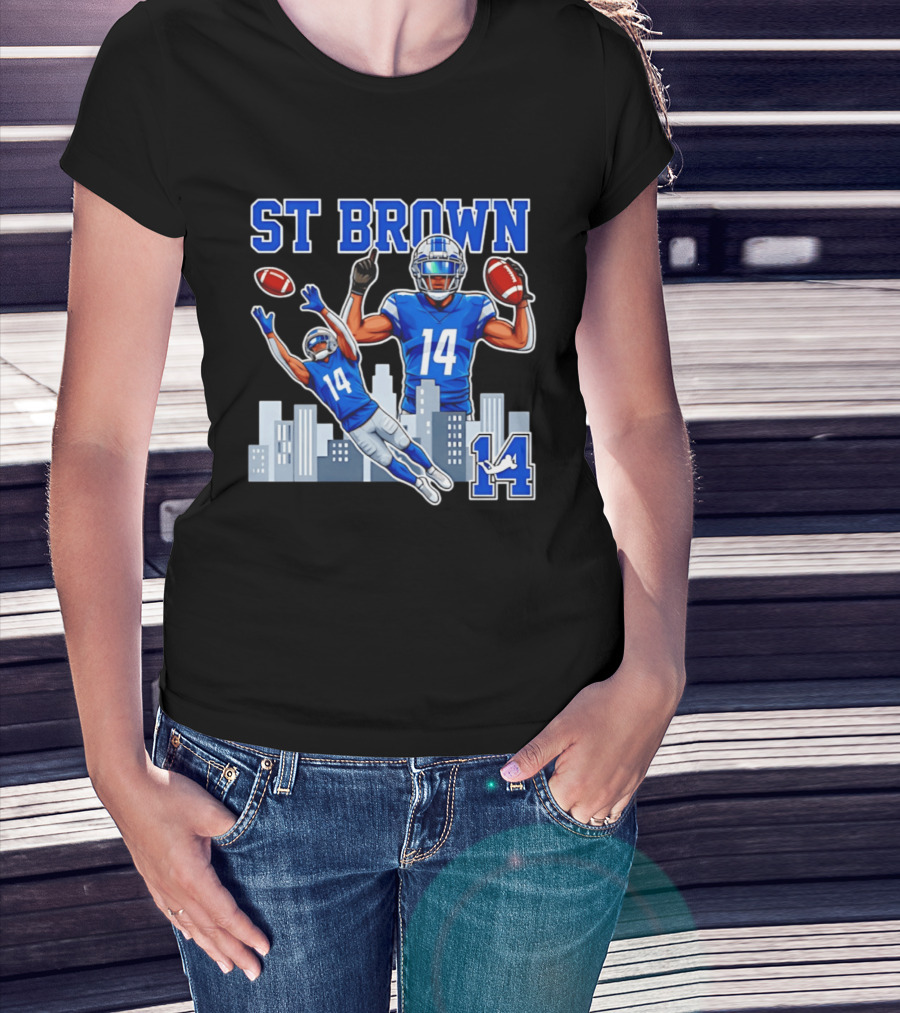 ST Brown 14 Detroit Lions Football City Skyline T-Shirt