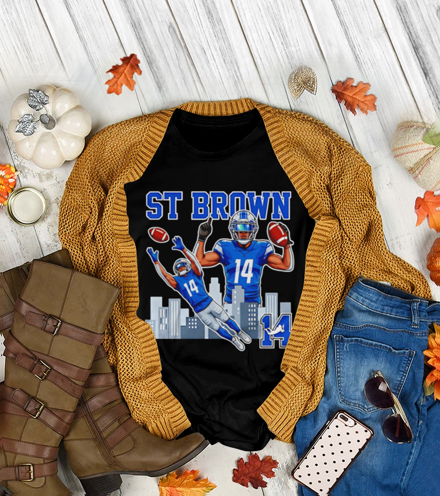 ST Brown 14 Detroit Lions Football City Skyline T-Shirt