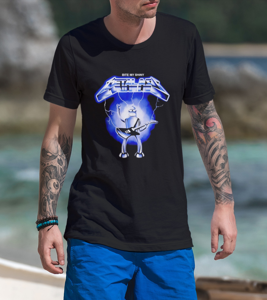 Bite My Shiny Metal Ass Lightning Robot Guitarist T-Shirt