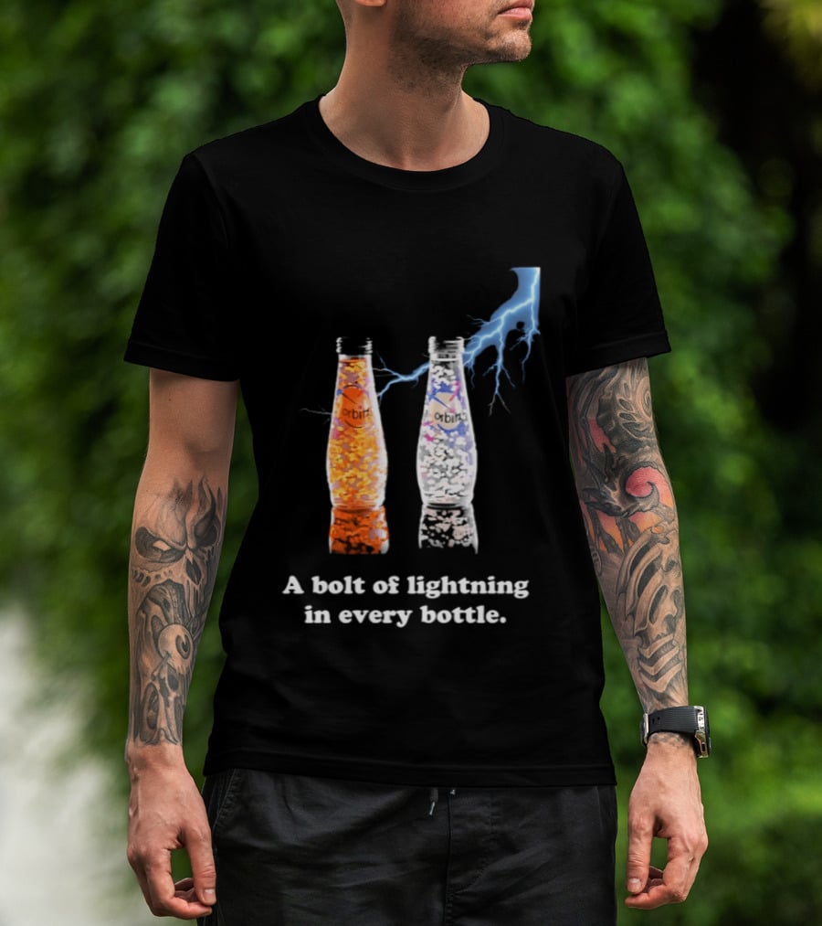 Orbitz A Bolt Of Lightning In Every Bottle Drink Bottles With Lightning Blue And Orange T-Shirt