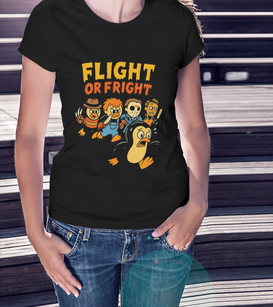 Flight Or Fright Penguin Horror Characters Comedy Mashup T-Shirt