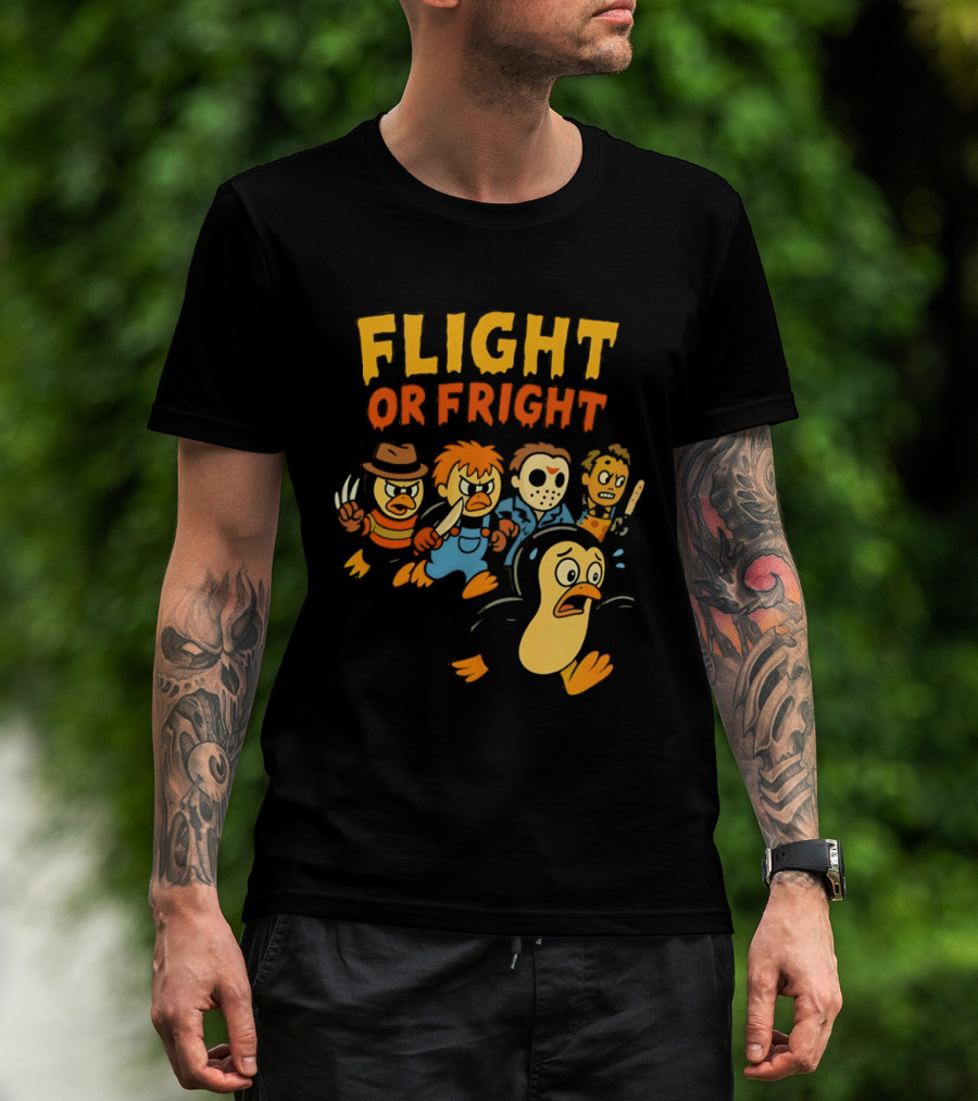 Flight Or Fright Penguin Horror Characters Comedy Mashup T-Shirt