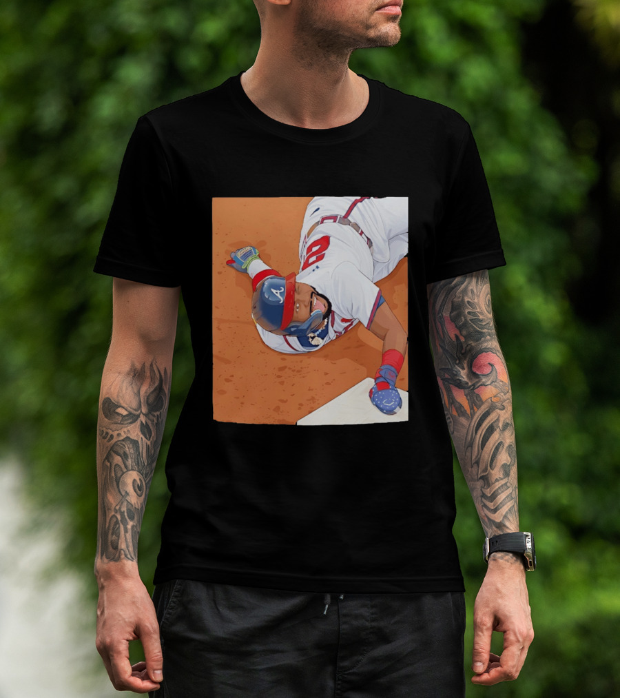 Ronald Acuna Jr Atlanta Braves Outfielder Sliding Baseball Action T-Shirt