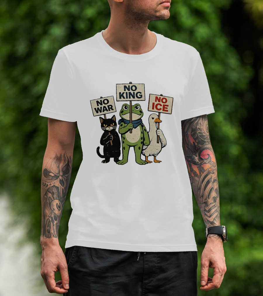 Black Cat Holing No War Frog Holding No King And Goose Holding No ICE Sign T-Shirt