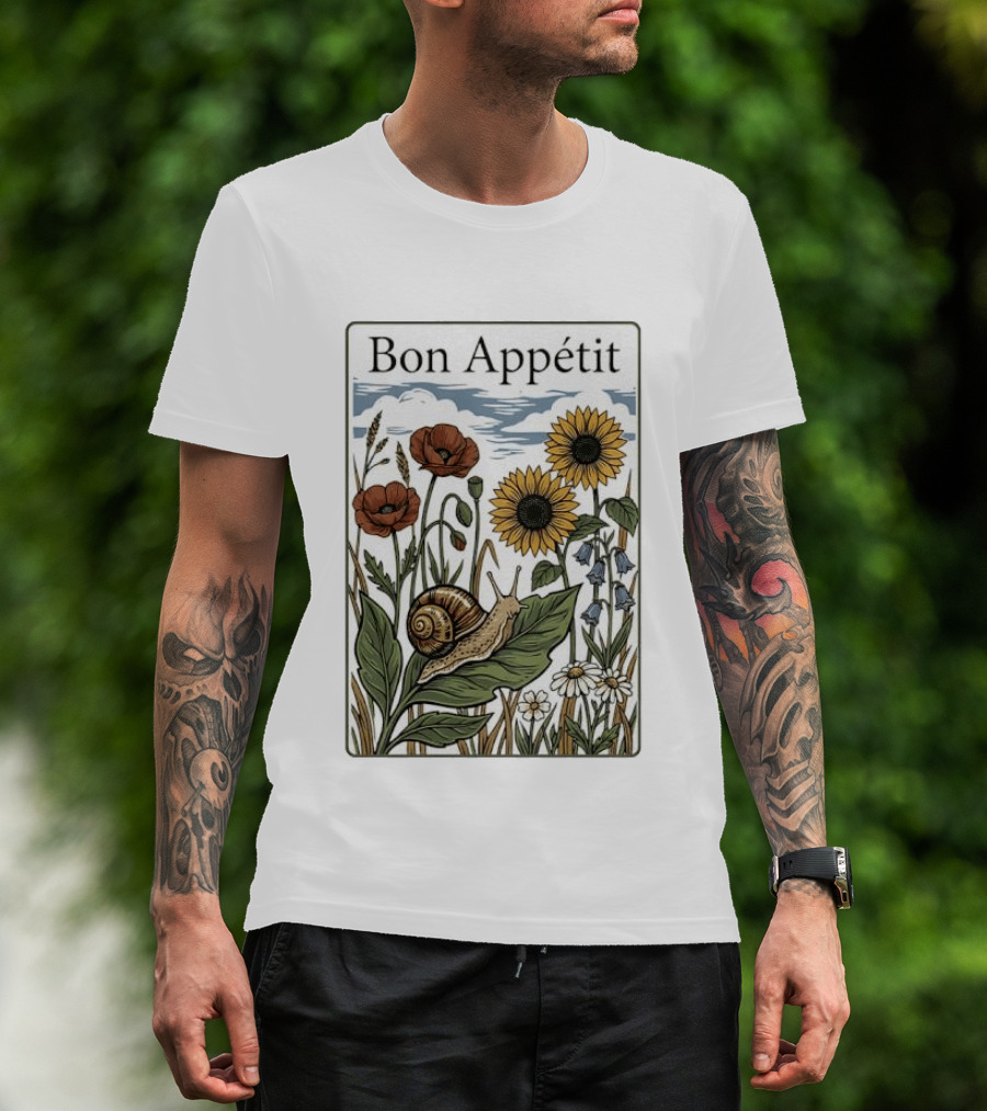 Bon Appétit Floral Snail Sunflowers And Poppies T-Shirt