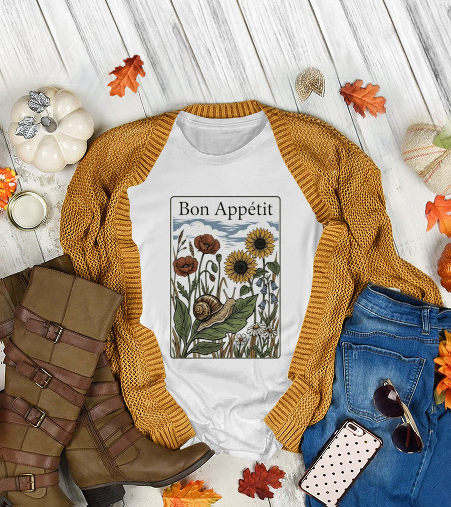 Bon Appétit Floral Snail Sunflowers and Poppies T-Shirt