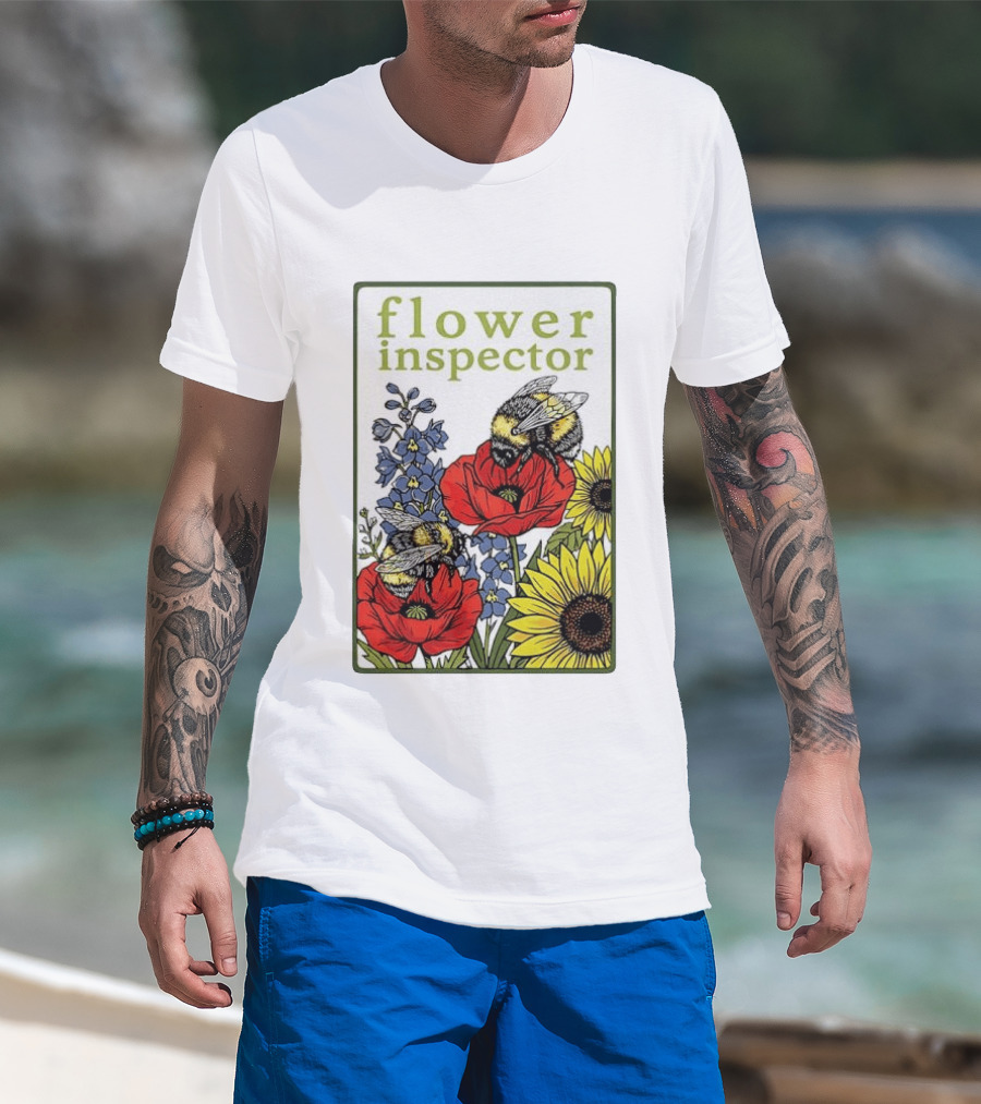 Flower Inspector Bees On Poppy Sunflower Bluebell Blossom T-Shirt