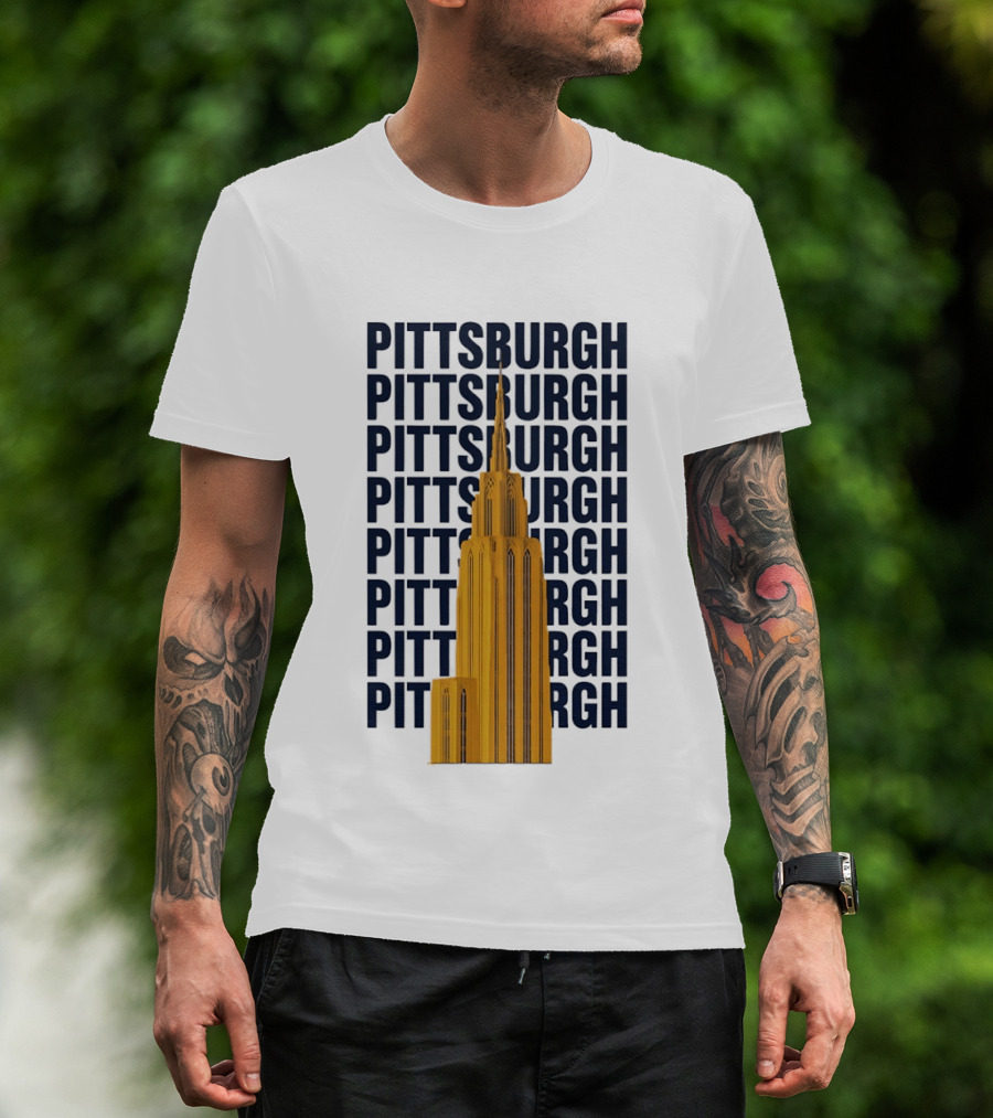 Pittsburgh Golden Tower Repeated Text Cityscape T-Shirt