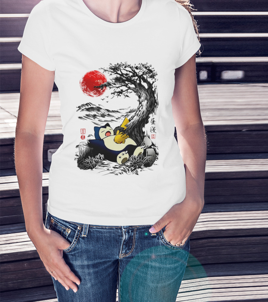 Snorlax Pikachu Napping Under Red Sun Tree T-Shirt
