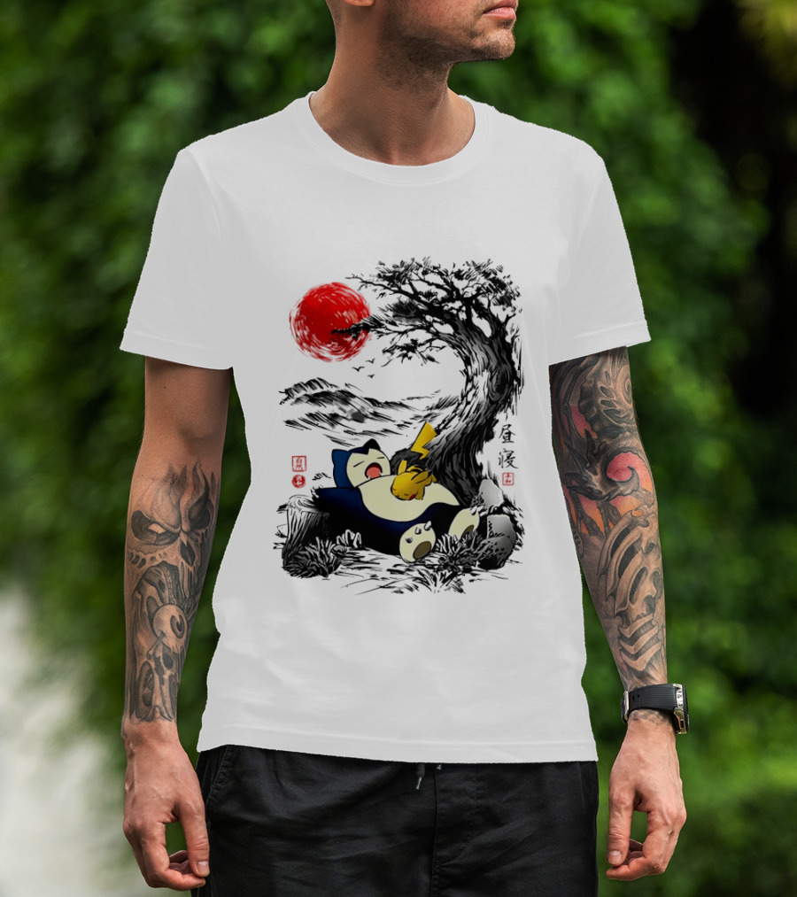 Snorlax Pikachu Napping Under Red Sun Tree T-Shirt