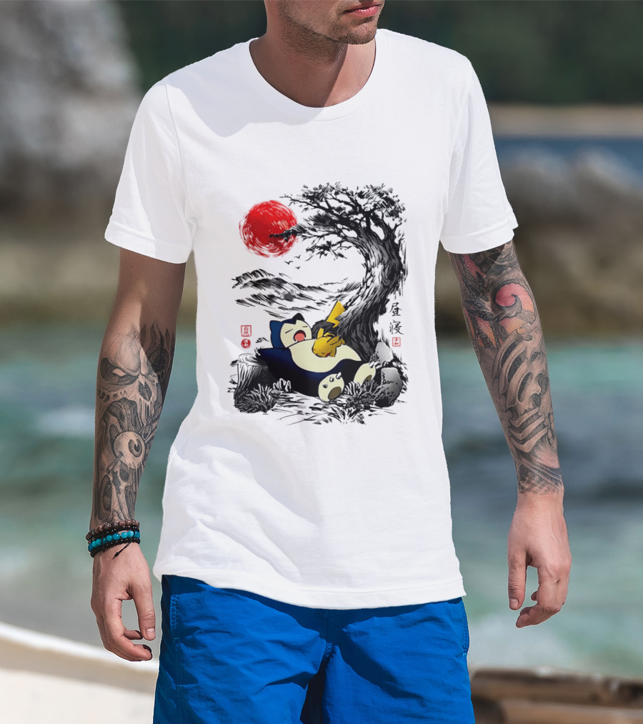 Snorlax Pikachu Napping Under Red Sun Tree T-Shirt