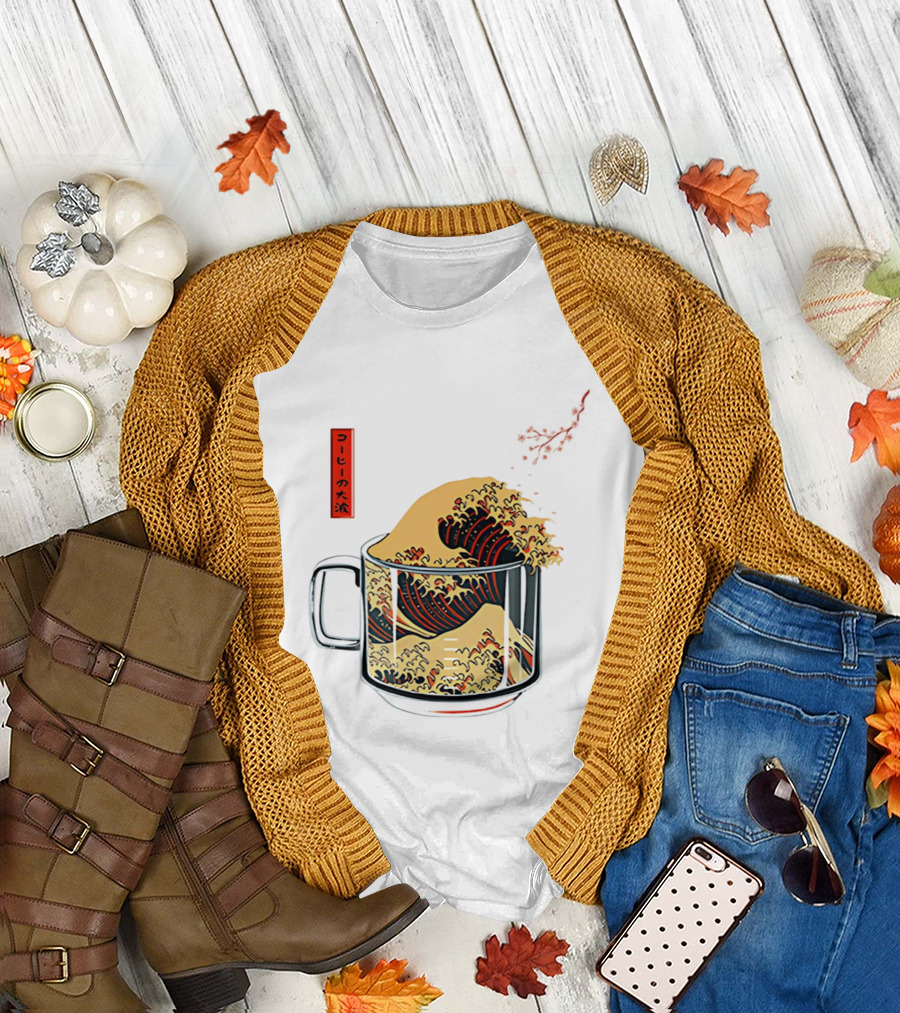 The Great Wave of Coffee in a Cup with Japanese T-Shirt
