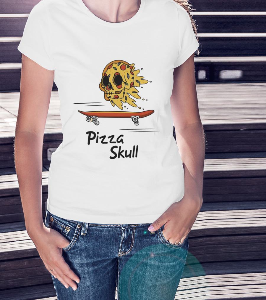 Pizza Skull Melting Slice Skateboard T-Shirt