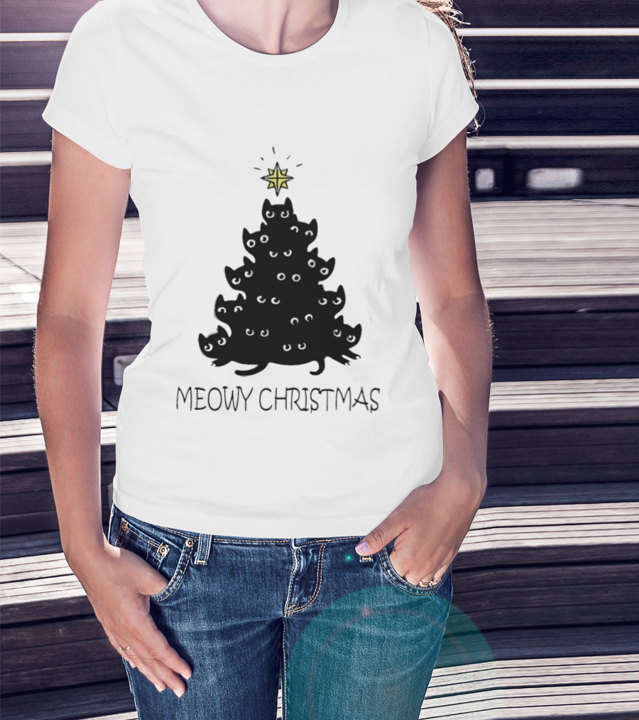 Black Cat Pine Tree Shape Meowy Christmas Star T-Shirt