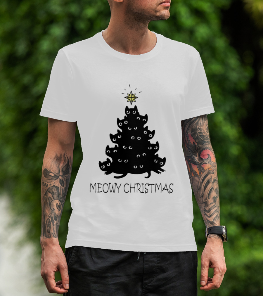 Black Cat Pine Tree Shape Meowy Christmas Star T-Shirt