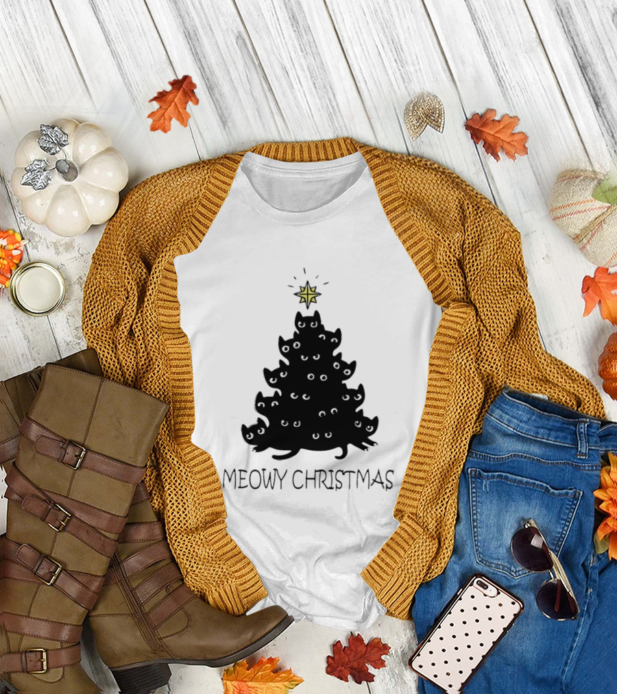 Black Cat Pine Tree Shape Meowy Christmas Star T-Shirt