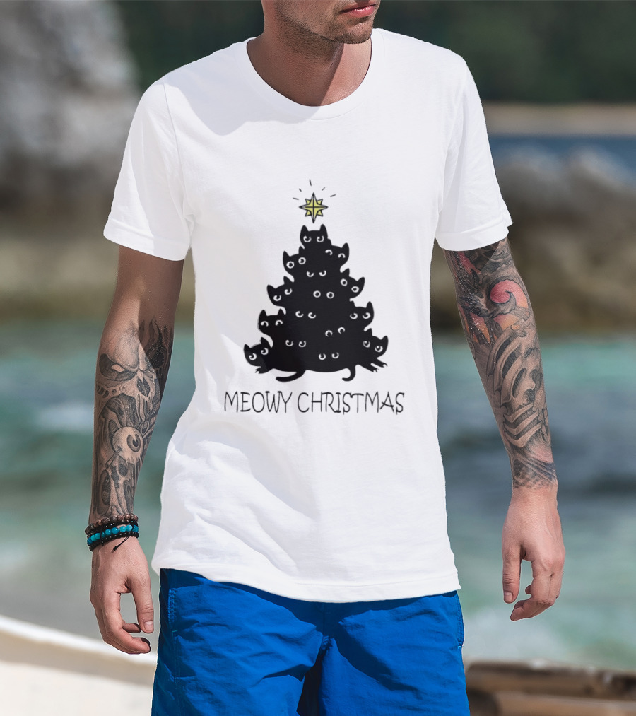 Black Cat Pine Tree Shape Meowy Christmas Star T-Shirt