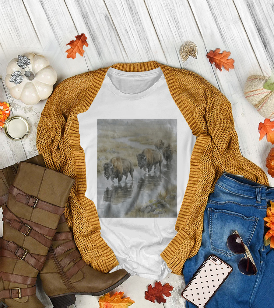 Bison Herd Crossing River on Prairie Landscape Scene T-Shirt