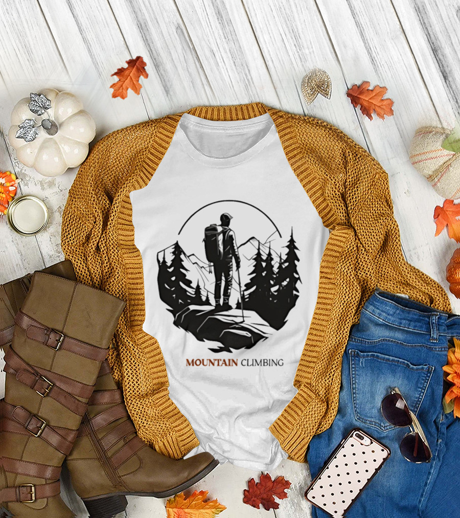 Mountain Climbing Adventure Climber on Cliff Overlooking Mountain and Forest T-Shirt