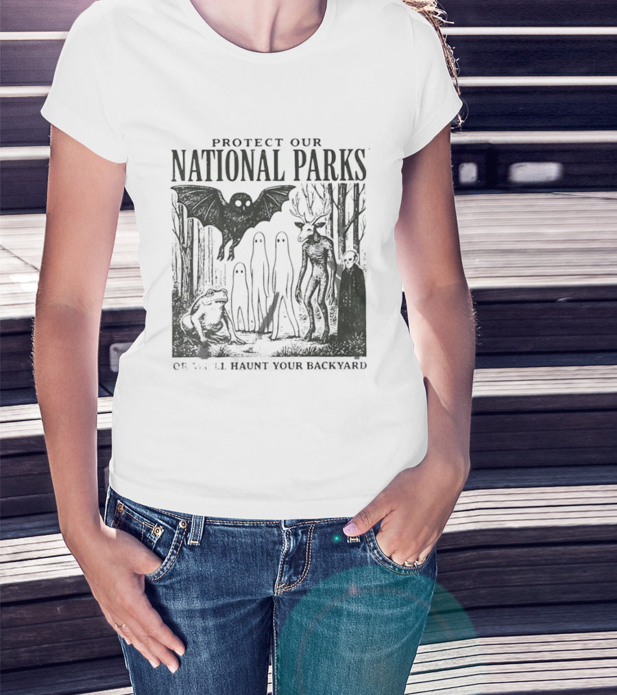 Protect Our National Parks Mothman Bigfoot Ghost Deer Cryptid Horror Characters T-Shirt