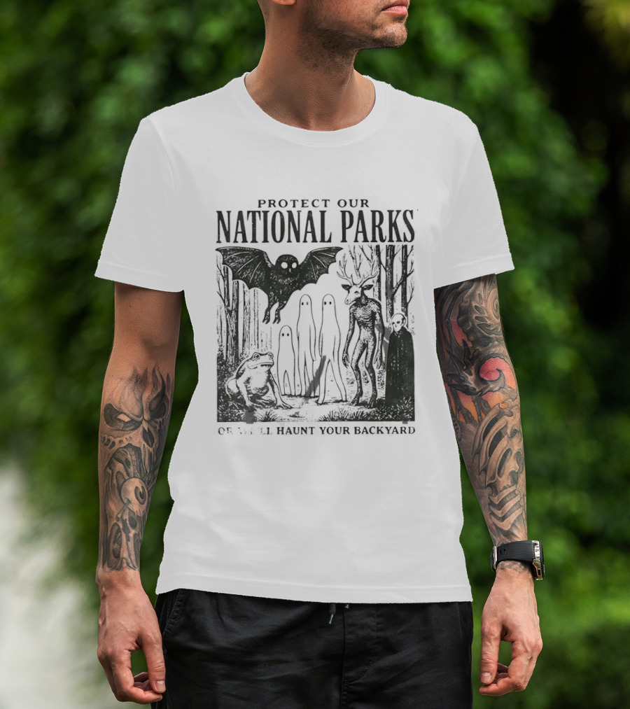 Protect Our National Parks Mothman Bigfoot Ghost Deer Cryptid Horror Characters T-Shirt