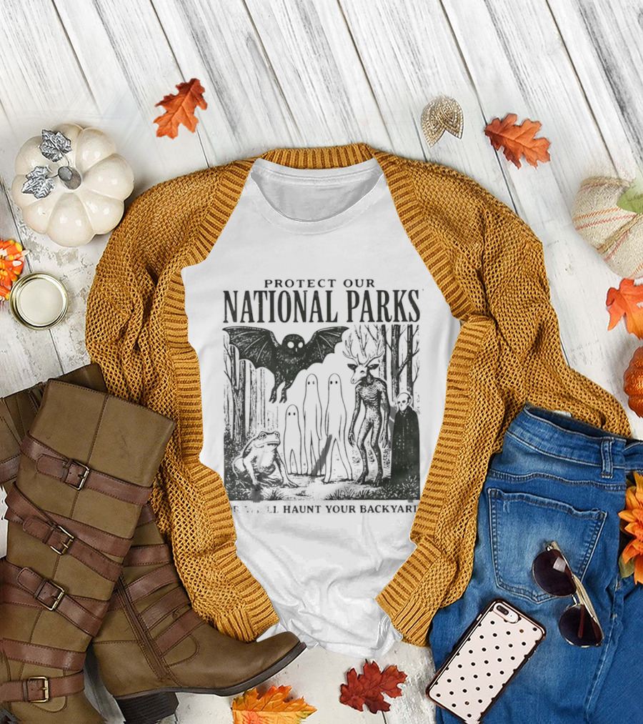 Protect Our National Parks Mothman Bigfoot Ghost Deer Cryptid Horror Characters T-Shirt