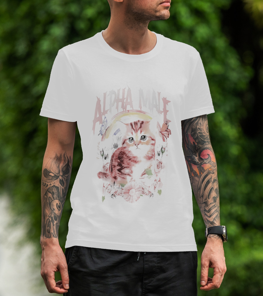 Alpha Male Cat With Floral And Butterfly T-Shirt