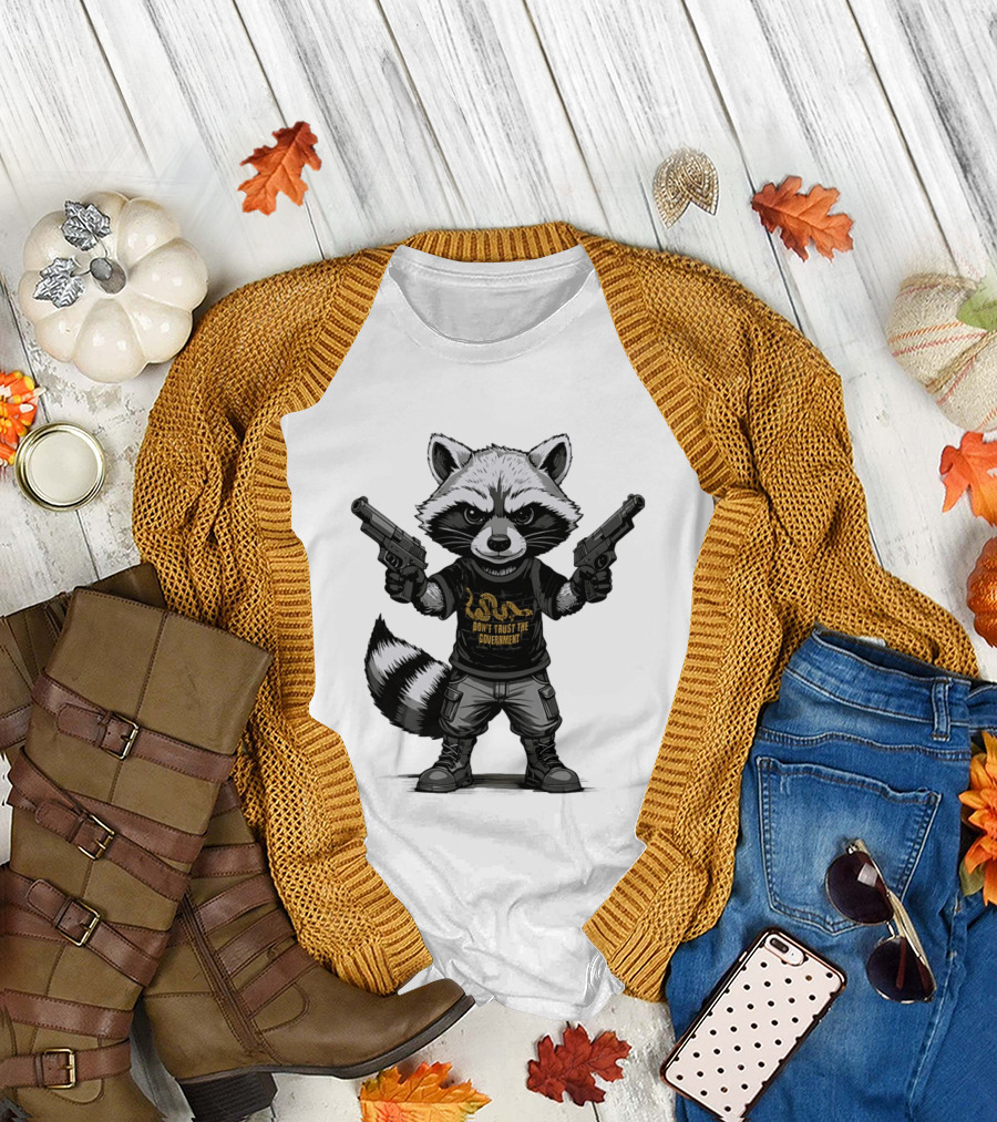 Raccoon with Dual Guns Don't Trust the Government Snake T-Shirt