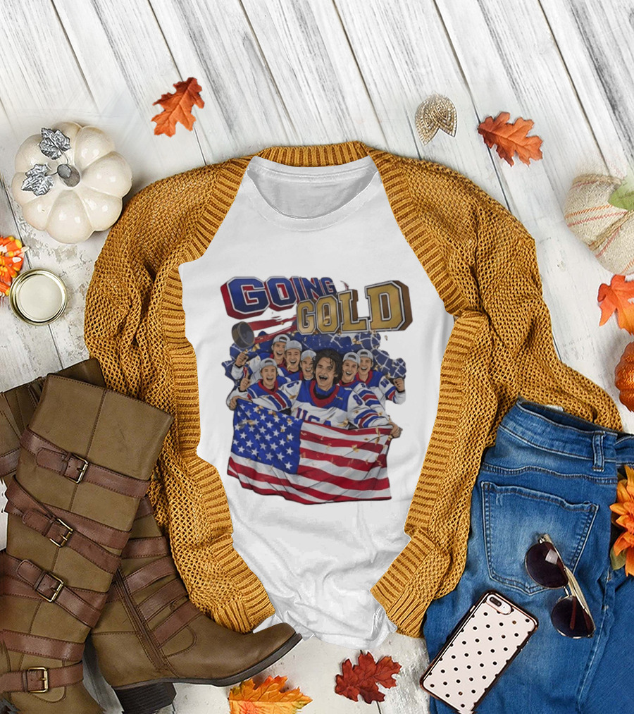 GOING GOLD USA Hockey Team Celebration with Flag T-Shirt