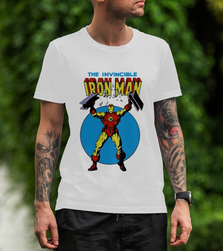 The Invincible Iron Man Bending Iron Bar Marvel Comic T-Shirt
