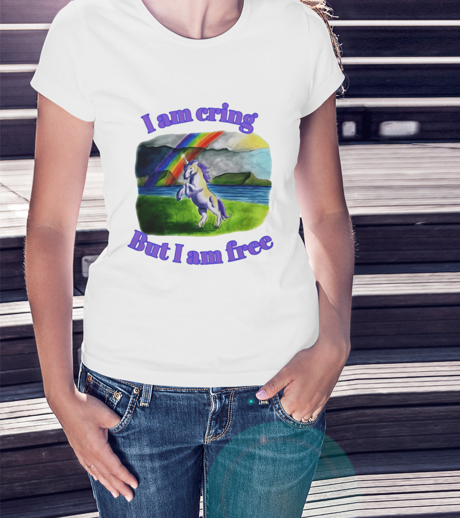 Unicorn I Am Cringe But I Am Free Rainbow Meadow T-Shirt