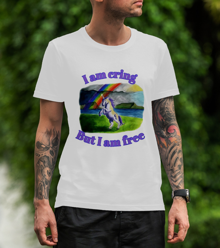 Unicorn I Am Cringe But I Am Free Rainbow Meadow T-Shirt