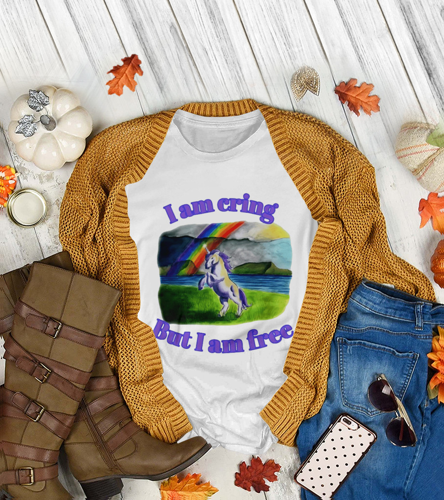 Unicorn I Am Cringe But I Am Free Rainbow Meadow T-Shirt