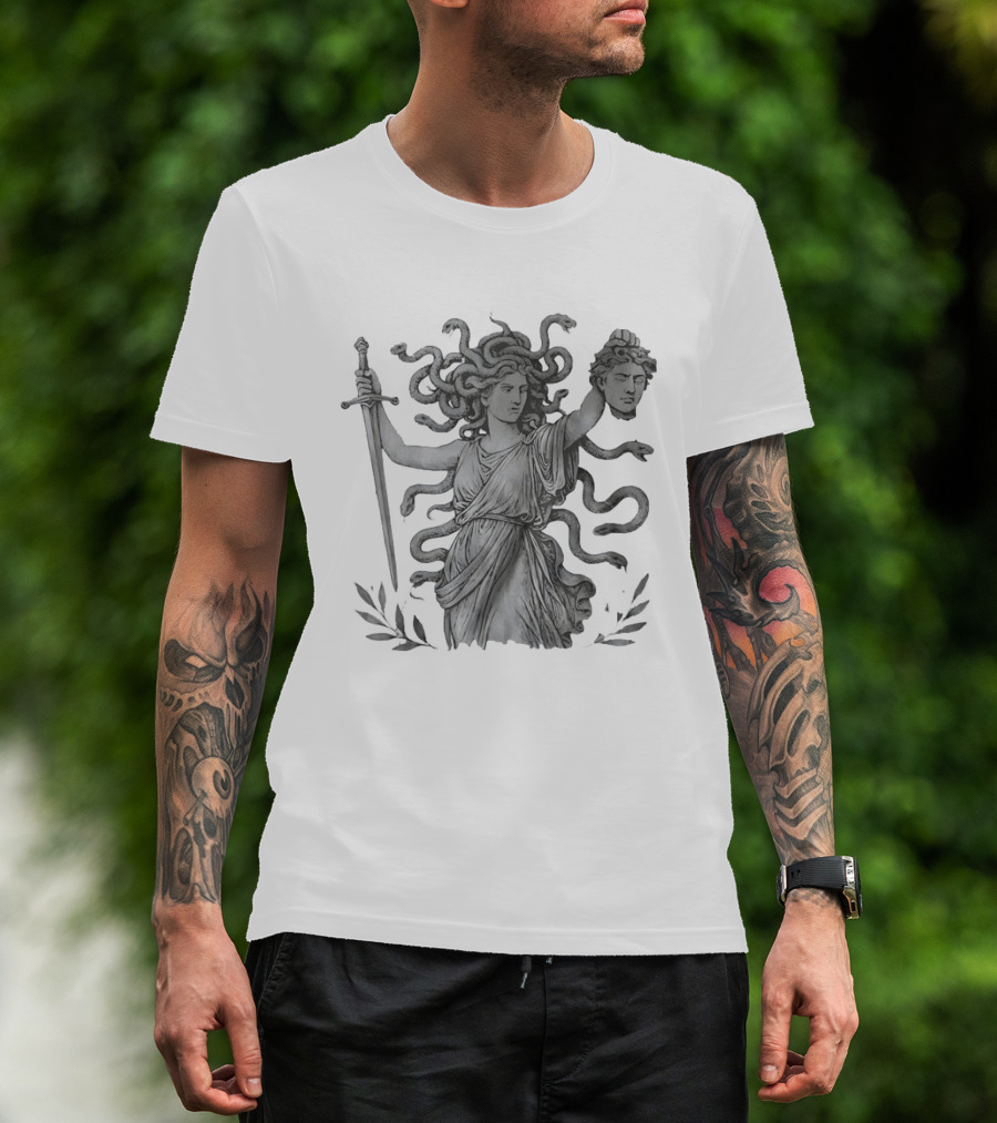 Medusa Holding Sword And Michael Head With Serpent Hair T-Shirt