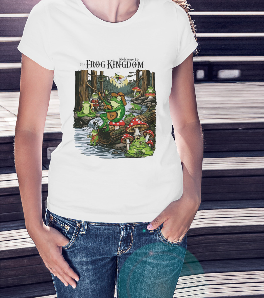 Frog Playing Guitar Forest Gathering Welcome To The Frog Kingdom T-Shirt