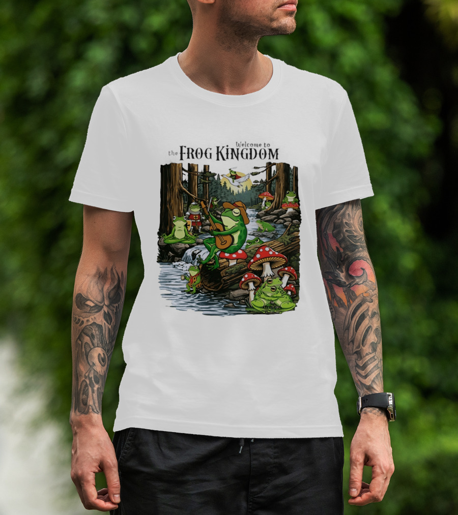 Frog Playing Guitar Forest Gathering Welcome To The Frog Kingdom T-Shirt