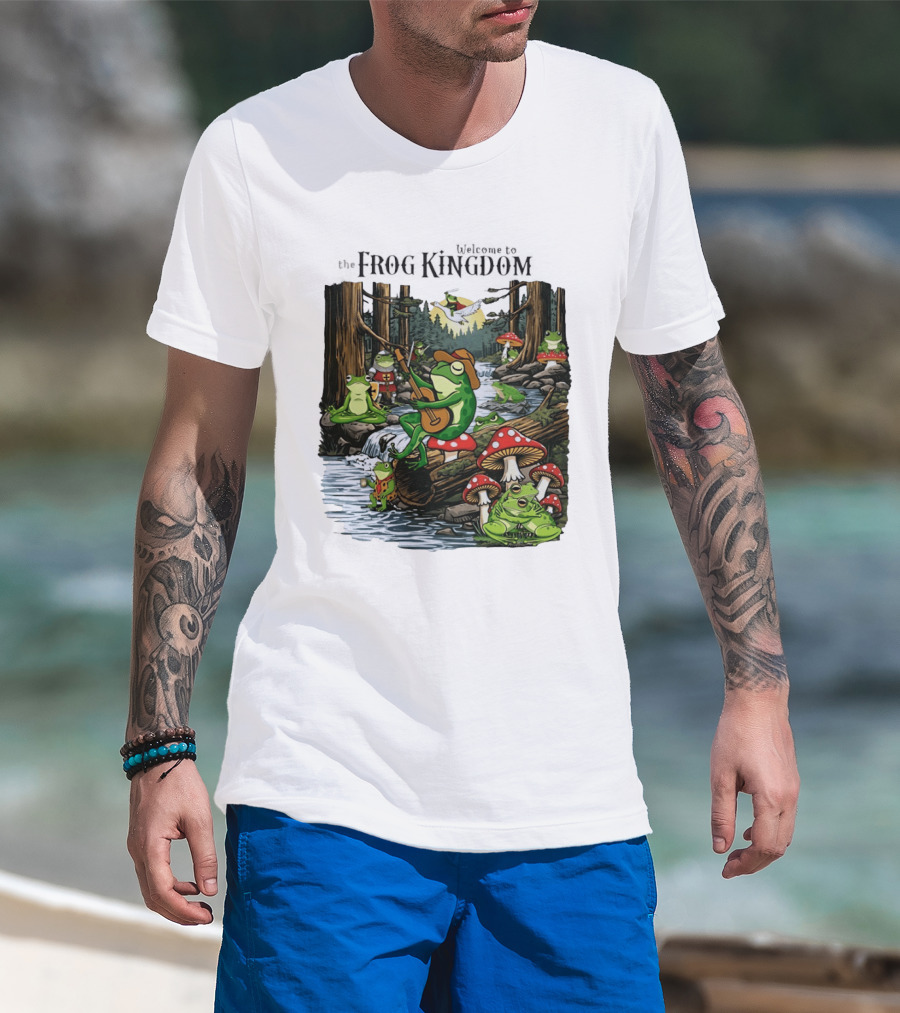 Frog Playing Guitar Forest Gathering Welcome To The Frog Kingdom T-Shirt