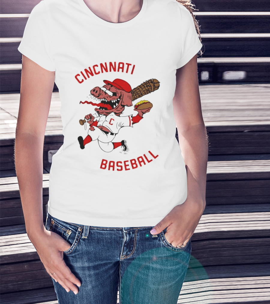 Cincinnati Baseball Pig Holding Hot Dog Bat T-Shirt