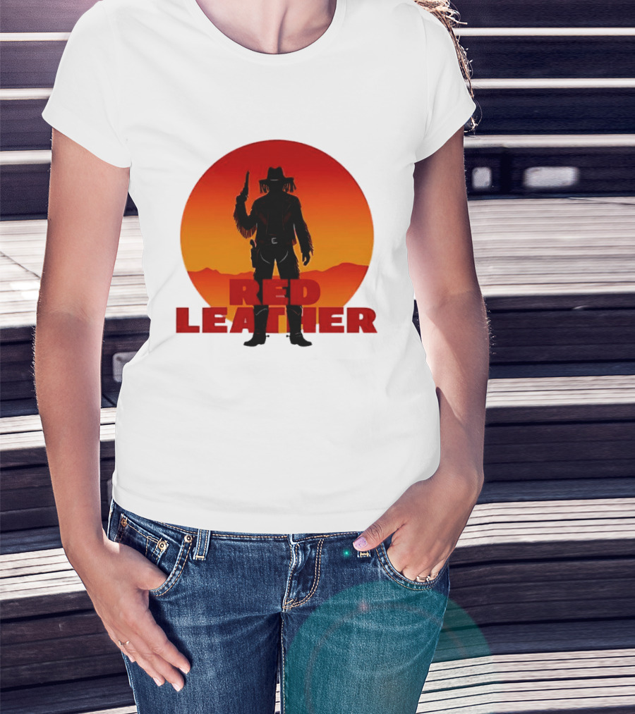 Red Leather Cowboy Sunset Silhouette With Gun And Hat In Desert T-Shirt