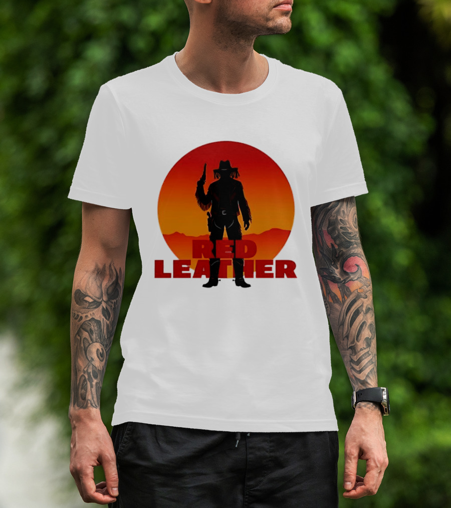 Red Leather Cowboy Sunset Silhouette With Gun And Hat In Desert T-Shirt
