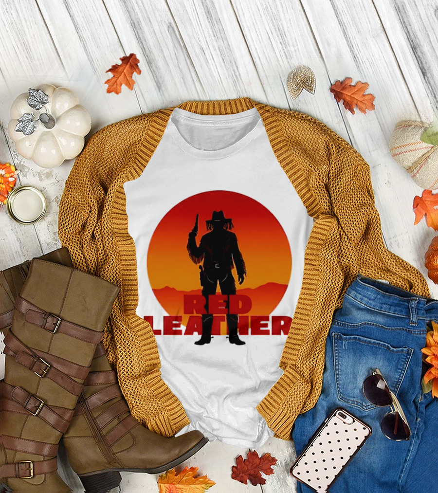 Red Leather Cowboy Sunset Silhouette with Gun and Hat in Desert T-Shirt